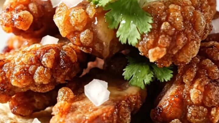 A close-up of crispy, caramelized Coca-Cola pork carnitas served on charred corn tortillas with cilantro and onion.