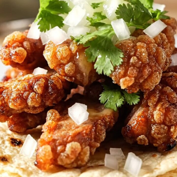 A close-up of crispy, caramelized Coca-Cola pork carnitas served on charred corn tortillas with cilantro and onion.