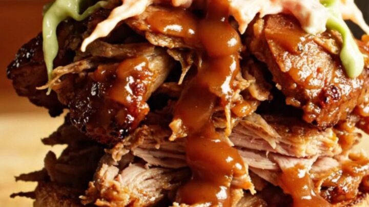 A close-up of a glossy, shredded root beer BBQ pork sandwich piled high on a toasted brioche bun with coleslaw.