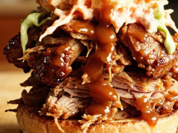 A close-up of a glossy, shredded root beer BBQ pork sandwich piled high on a toasted brioche bun with coleslaw.