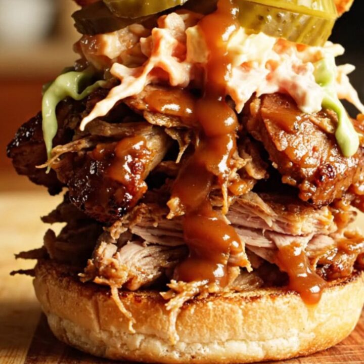 A close-up of a glossy, shredded root beer BBQ pork sandwich piled high on a toasted brioche bun with coleslaw.