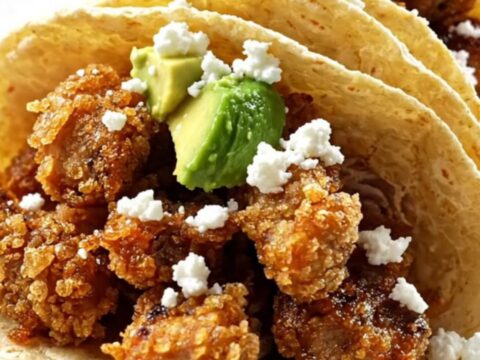 A close-up of crispy beer-braised carnitas in a bowl, topped with queso fresco and avocado.