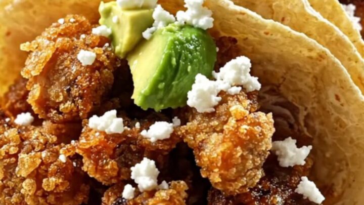 A close-up of crispy beer-braised carnitas in a bowl, topped with queso fresco and avocado.