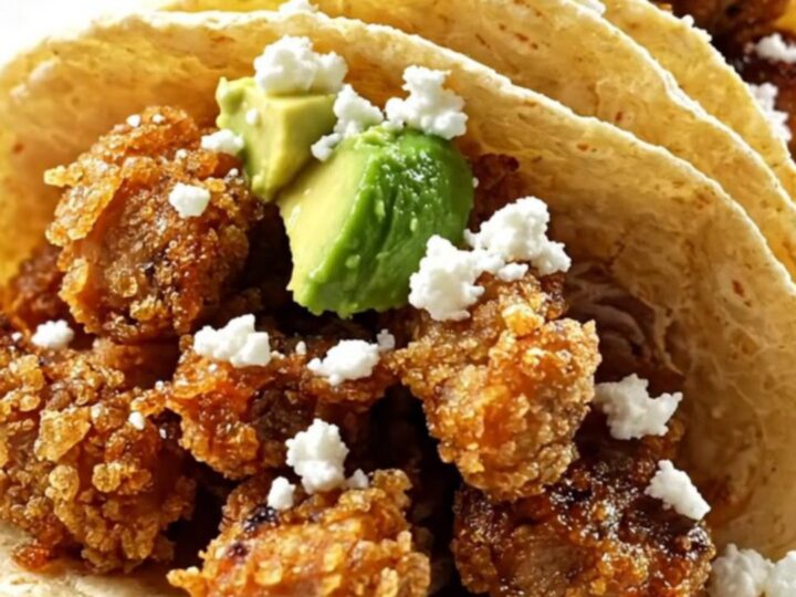 A close-up of crispy beer-braised carnitas in a bowl, topped with queso fresco and avocado.
