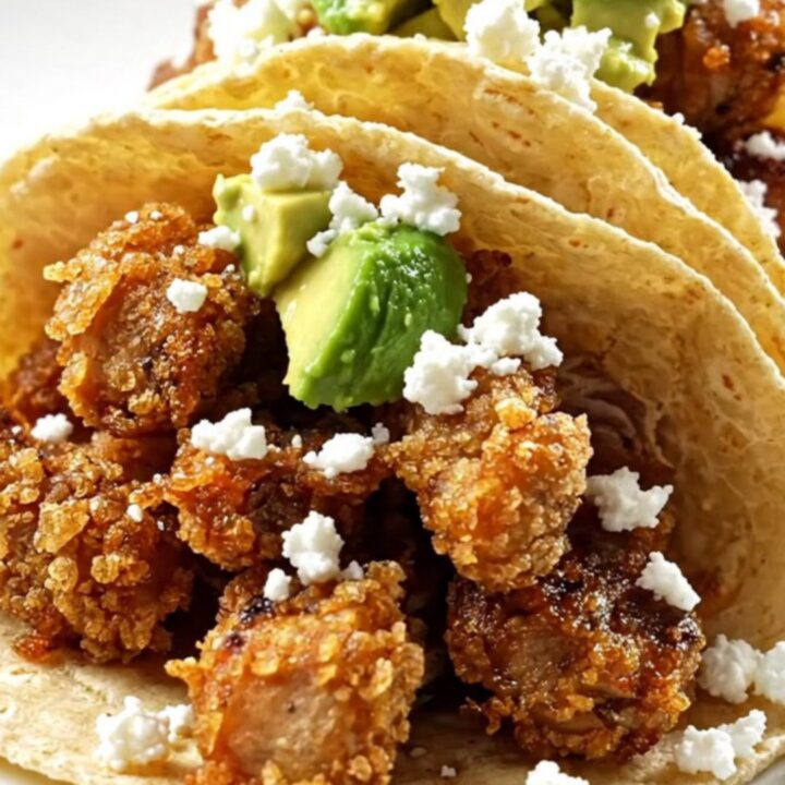 A close-up of crispy beer-braised carnitas in a bowl, topped with queso fresco and avocado.
