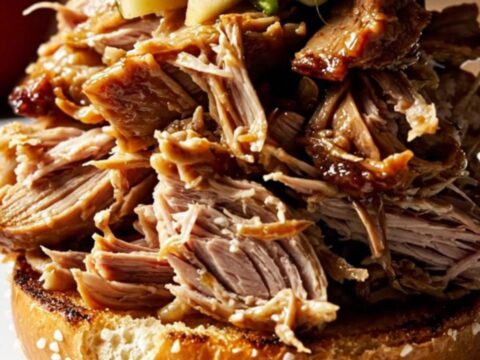 A rustic slow-cooker filled with shredded pulled pork glazed in a rich apple-bourbon sauce.