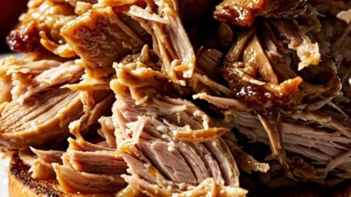A rustic slow-cooker filled with shredded pulled pork glazed in a rich apple-bourbon sauce.