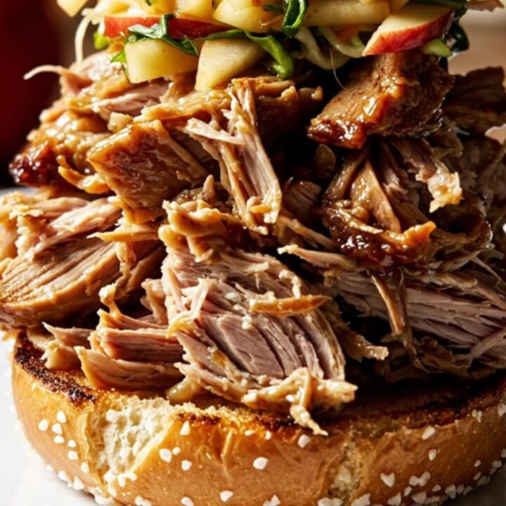 A rustic slow-cooker filled with shredded pulled pork glazed in a rich apple-bourbon sauce.