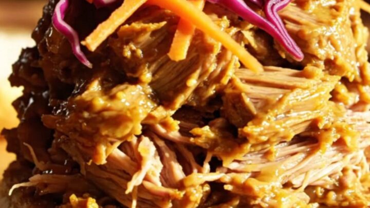 A close-up of tender pulled pork glistening with golden mustard barbecue sauce on a sesame bun.