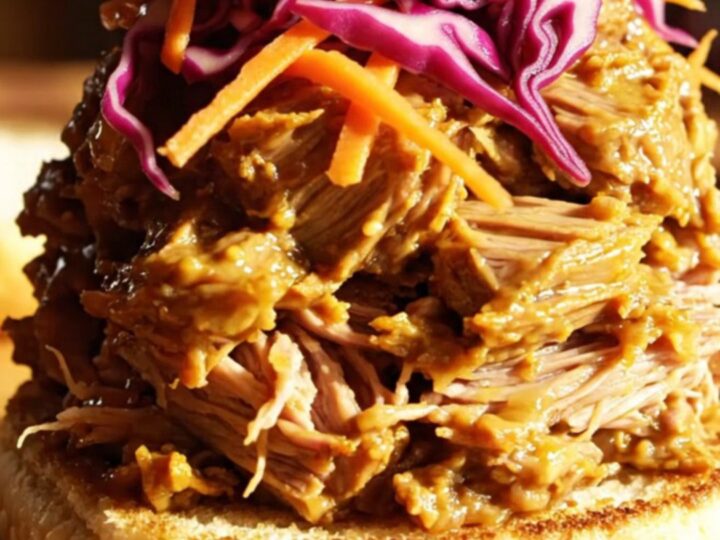 A close-up of tender pulled pork glistening with golden mustard barbecue sauce on a sesame bun.