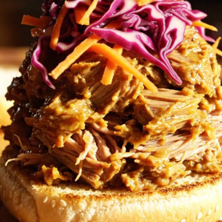 A close-up of tender pulled pork glistening with golden mustard barbecue sauce on a sesame bun.