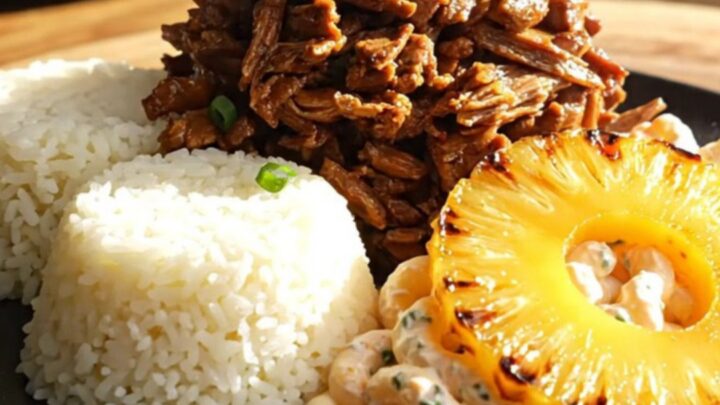 A close-up shot of steaming Kalua pork being shredded into tender ribbons in a dark stoneware crockpot.