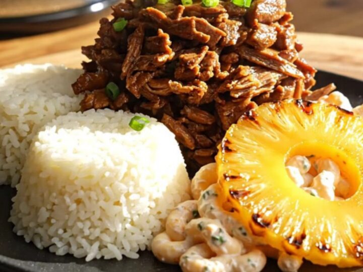 A close-up shot of steaming Kalua pork being shredded into tender ribbons in a dark stoneware crockpot.