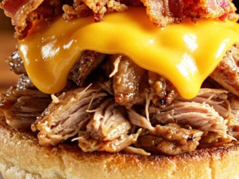 A close-up of a slow cooker filled with shredded pork shoulder coated in a glossy maple-bourbon glaze.