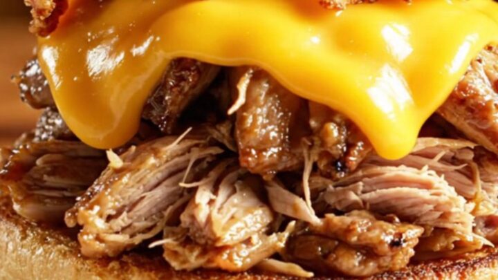 A close-up of a slow cooker filled with shredded pork shoulder coated in a glossy maple-bourbon glaze.