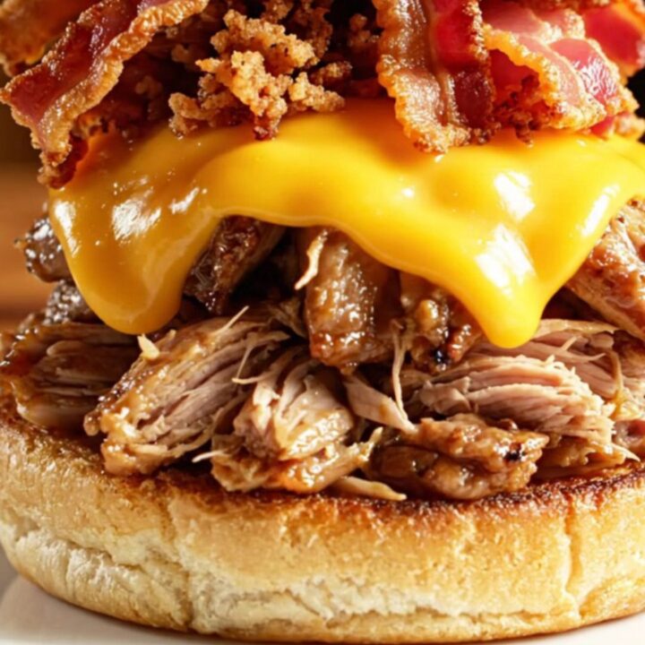 A close-up of a slow cooker filled with shredded pork shoulder coated in a glossy maple-bourbon glaze.