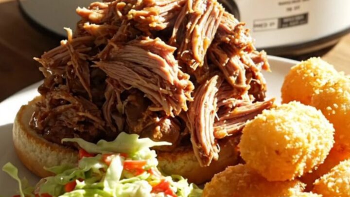 A close-up of tender, shredded pulled pork served on a soft bun with tangy cabbage slaw.