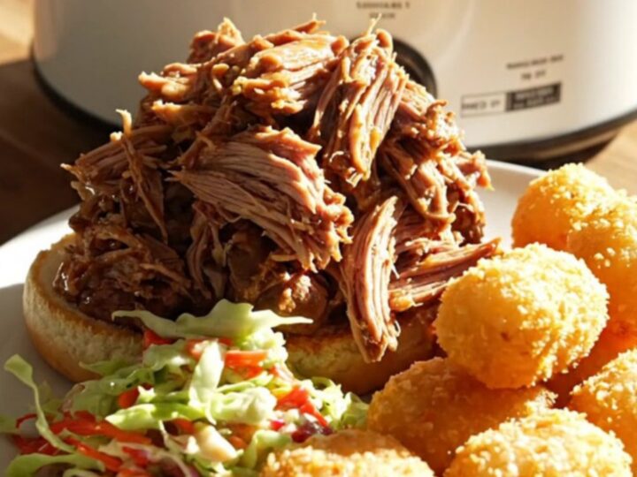 A close-up of tender, shredded pulled pork served on a soft bun with tangy cabbage slaw.