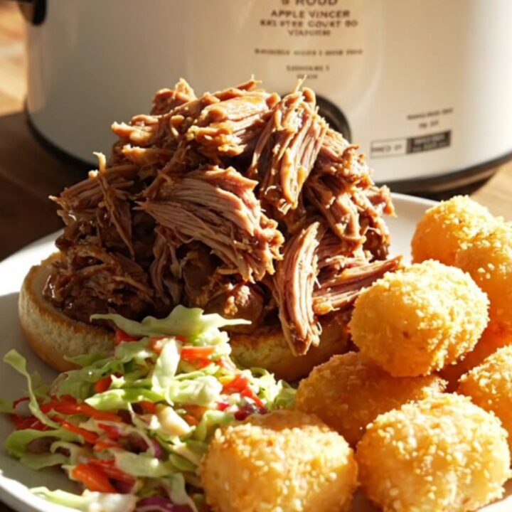 A close-up of tender, shredded pulled pork served on a soft bun with tangy cabbage slaw.
