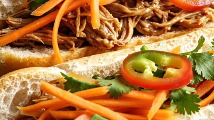 A close-up shot of succulent Vietnamese pulled pork inside a crusty banh mi sandwich with pickled vegetables and cilantro.