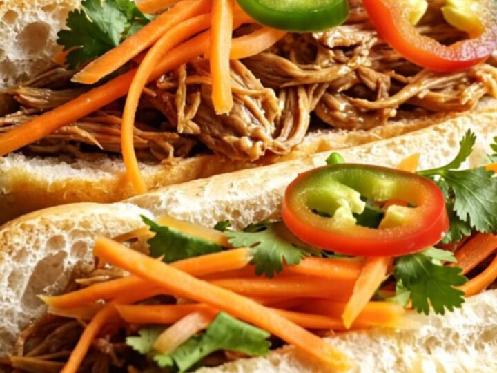 A close-up shot of succulent Vietnamese pulled pork inside a crusty banh mi sandwich with pickled vegetables and cilantro.