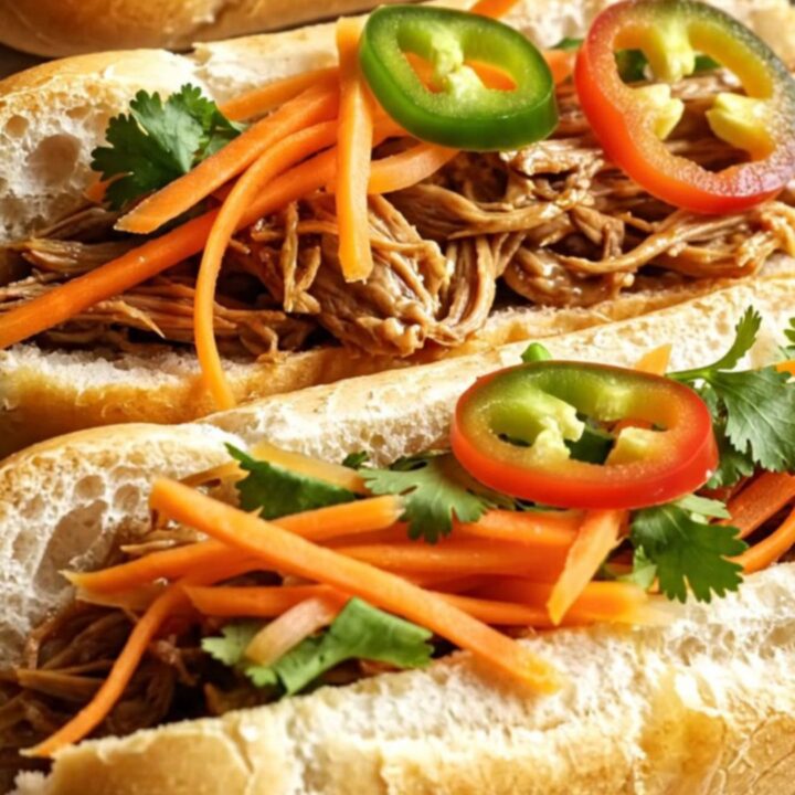 A close-up shot of succulent Vietnamese pulled pork inside a crusty banh mi sandwich with pickled vegetables and cilantro.