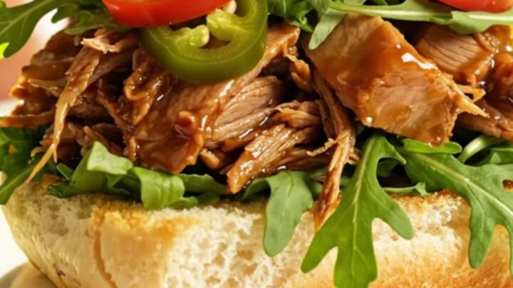 A close-up of a slow cooker filled with shredded pulled pork, caramelized peaches, and a rich, glossy bourbon glaze.