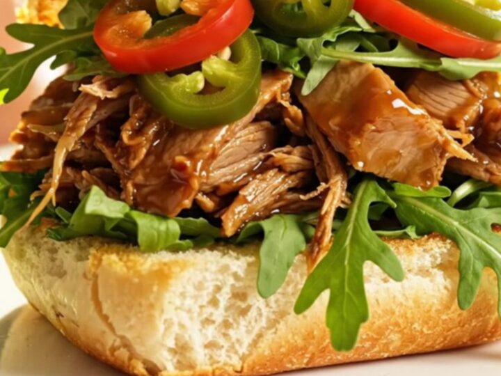 A close-up of a slow cooker filled with shredded pulled pork, caramelized peaches, and a rich, glossy bourbon glaze.
