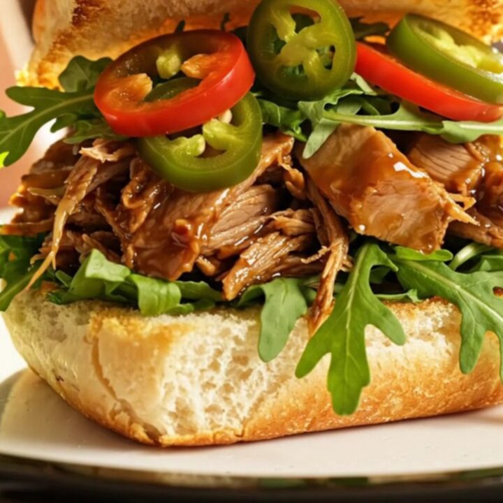 A close-up of a slow cooker filled with shredded pulled pork, caramelized peaches, and a rich, glossy bourbon glaze.