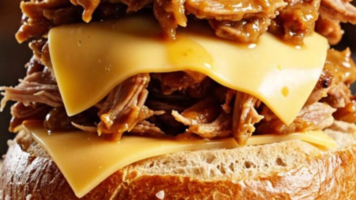 Close-up of shredded honey mustard pulled pork on a pretzel bun with melted Swiss cheese and crispy onions.
