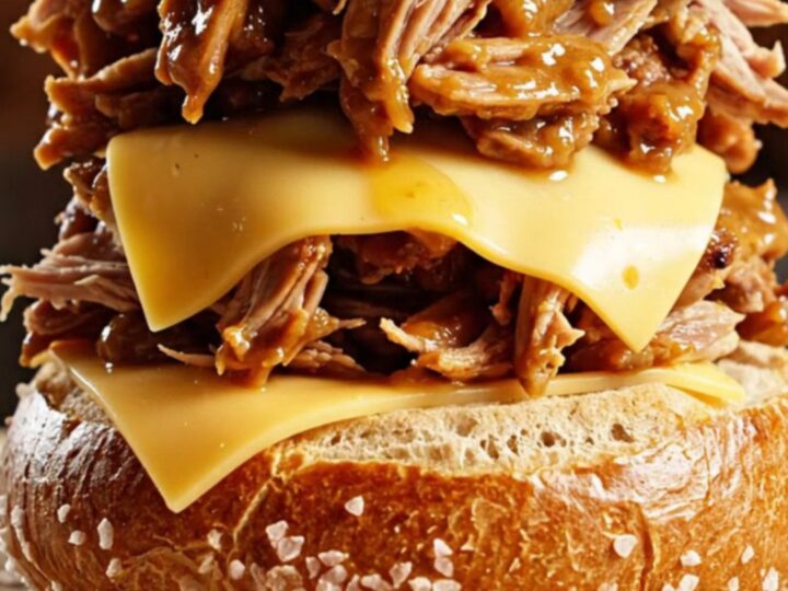 Close-up of shredded honey mustard pulled pork on a pretzel bun with melted Swiss cheese and crispy onions.