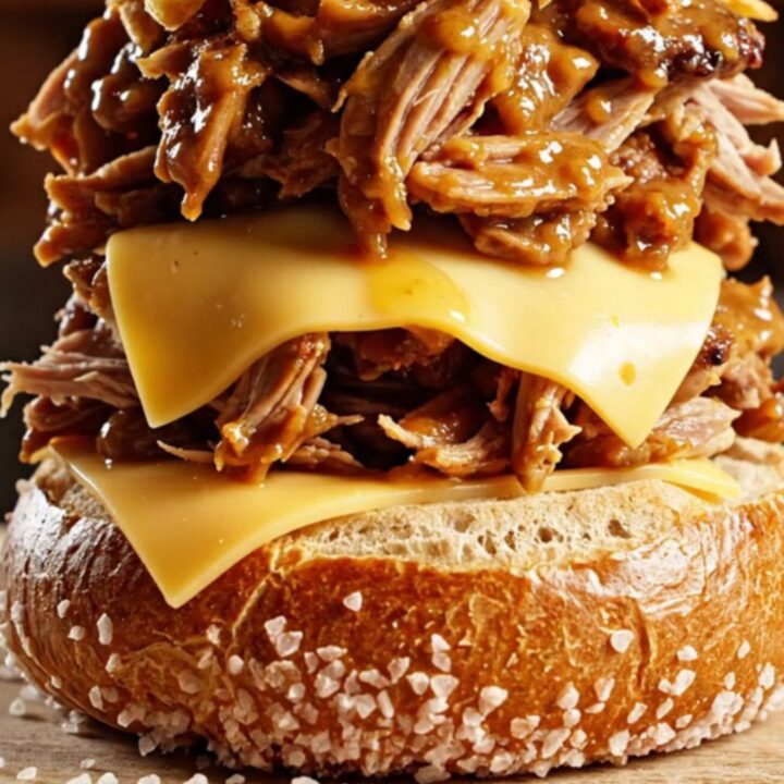 Close-up of shredded honey mustard pulled pork on a pretzel bun with melted Swiss cheese and crispy onions.