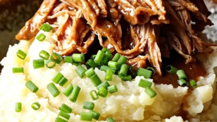 A close-up of tender pulled pork in a dark, rich gravy served over creamy mashed potatoes in a rustic kitchen.