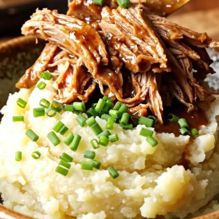 A close-up of tender pulled pork in a dark, rich gravy served over creamy mashed potatoes in a rustic kitchen.