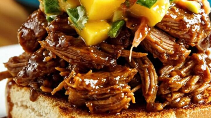 A close-up of a tender Jamaican jerk pulled pork sandwich on a bun with vibrant mango slaw.