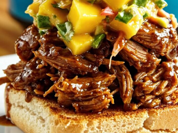 A close-up of a tender Jamaican jerk pulled pork sandwich on a bun with vibrant mango slaw.