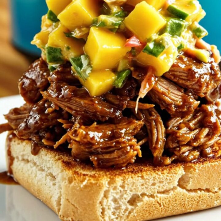 A close-up of a tender Jamaican jerk pulled pork sandwich on a bun with vibrant mango slaw.