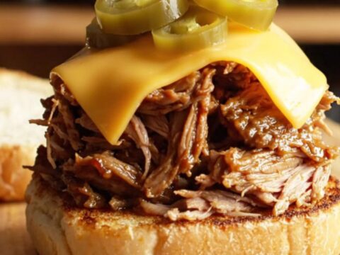 A close-up of tender pulled pork with a dark espresso-molasses bark on a brioche bun.