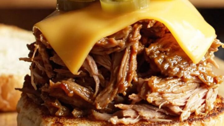 A close-up of tender pulled pork with a dark espresso-molasses bark on a brioche bun.