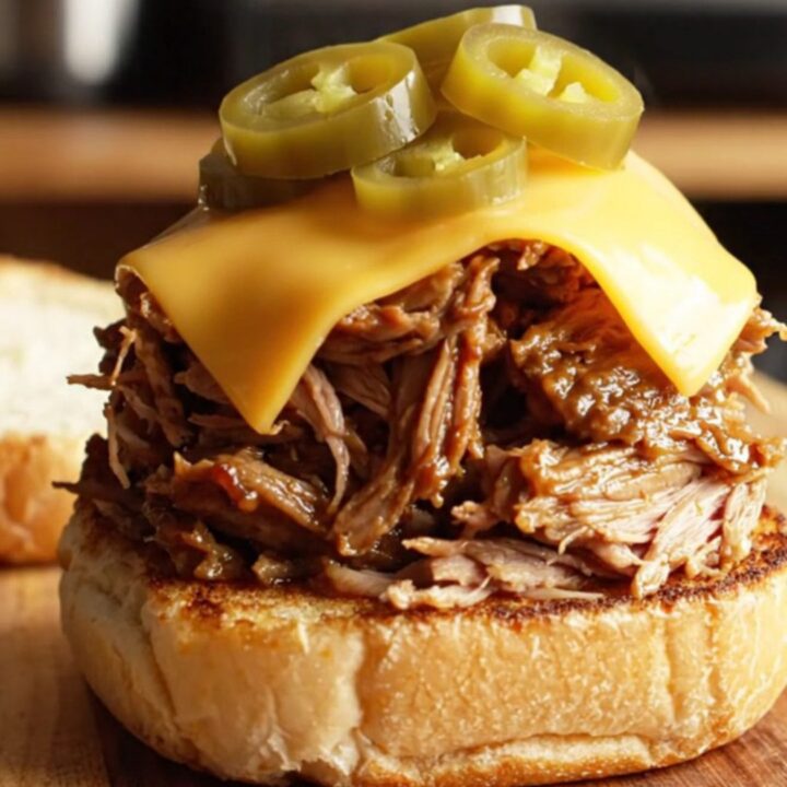 A close-up of tender pulled pork with a dark espresso-molasses bark on a brioche bun.