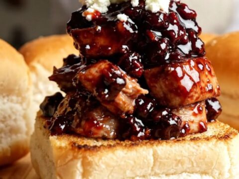 Close-up of succulent pulled pork with a glossy blackberry glaze on a toasted roll.