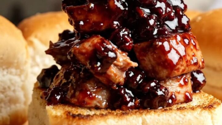 Close-up of succulent pulled pork with a glossy blackberry glaze on a toasted roll.