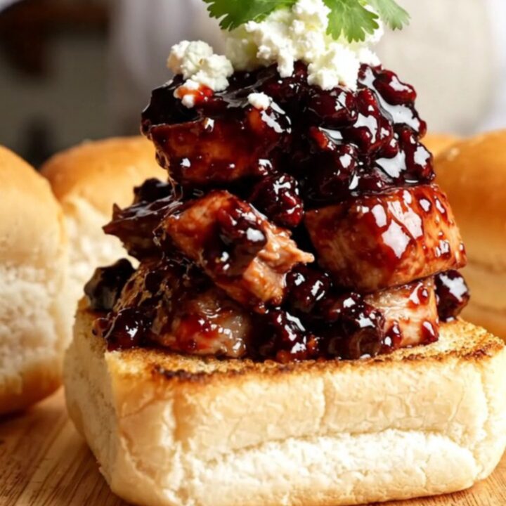 Close-up of succulent pulled pork with a glossy blackberry glaze on a toasted roll.