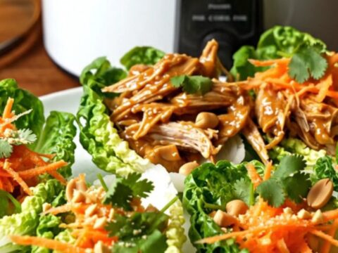 A ceramic slow cooker filled with shredded pulled pork covered in a glossy, rich peanut and sweet chili sauce.