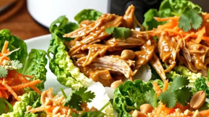 A ceramic slow cooker filled with shredded pulled pork covered in a glossy, rich peanut and sweet chili sauce.