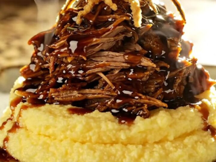 A close-up of a slow cooker filled with shredded balsamic fig pulled pork, displaying a rich