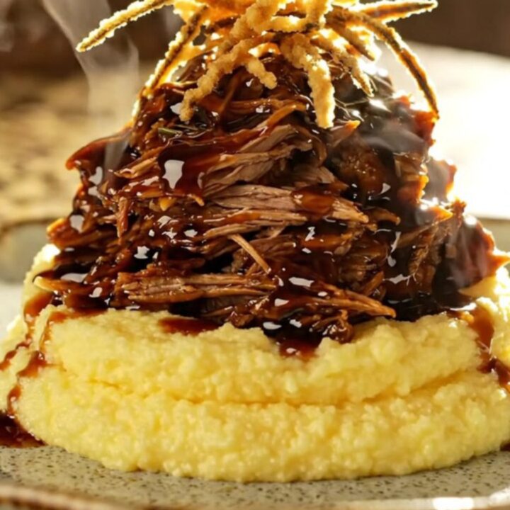 A close-up of a slow cooker filled with shredded balsamic fig pulled pork, displaying a rich