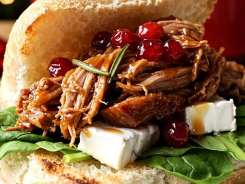 A close-up of a festive pulled pork slider on a rosemary ciabatta roll with melted brie and fresh spinach.