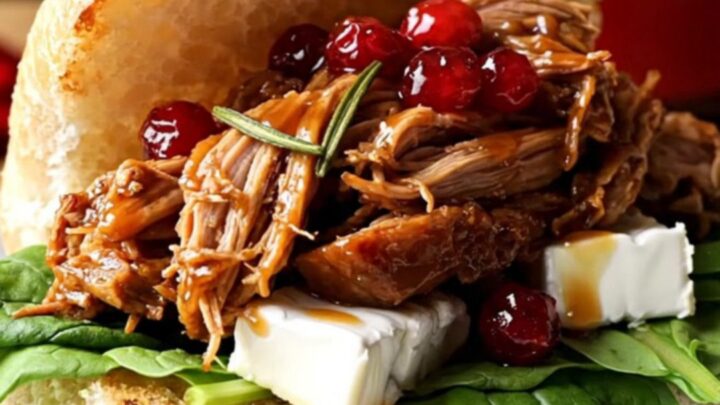 A close-up of a festive pulled pork slider on a rosemary ciabatta roll with melted brie and fresh spinach.