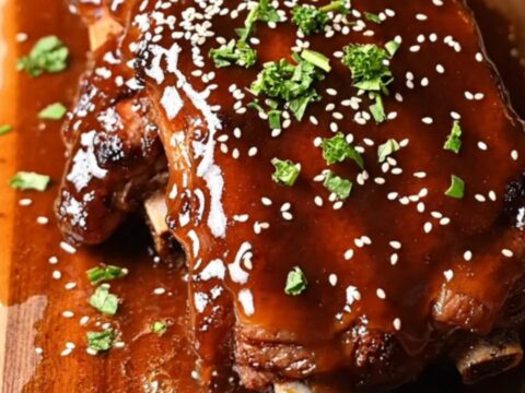 A close-up view of sticky, caramelized honey-bourbon baby back ribs on a rustic wooden board, garnished with fresh parsley.
